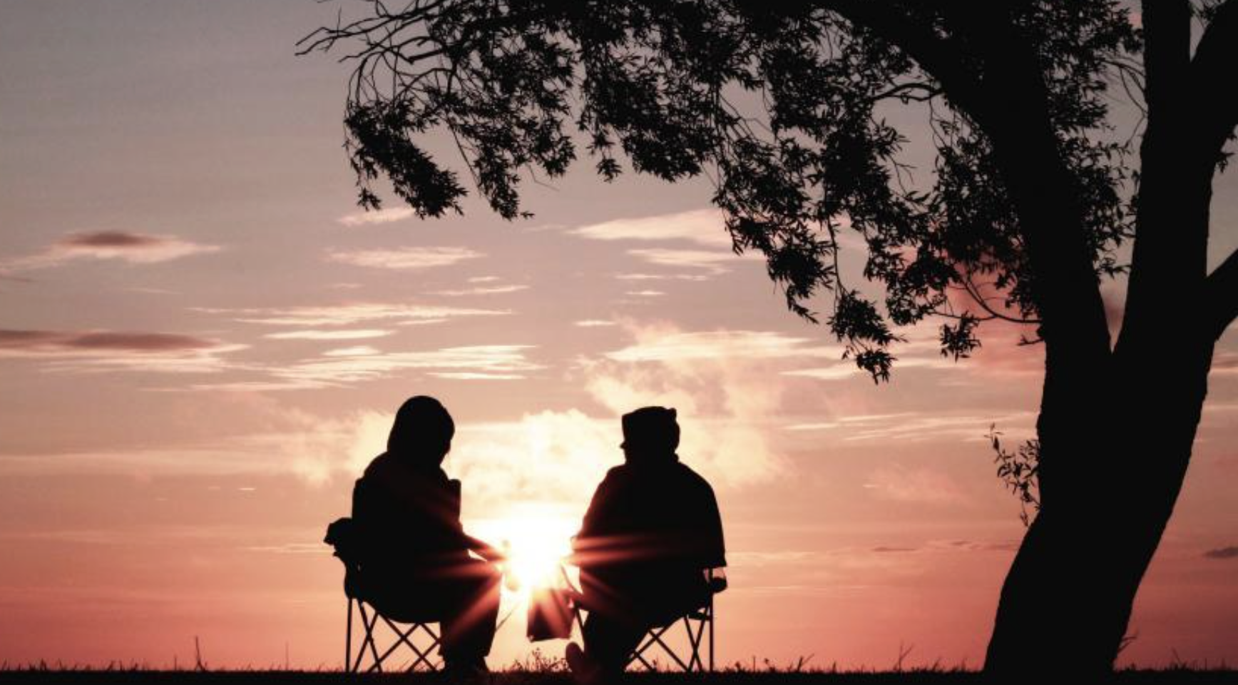 a couple sitting outside under a tree enjoying the sunset