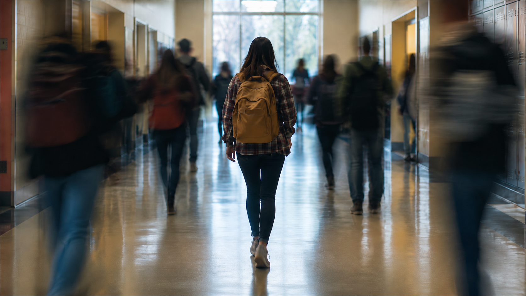 student in busy hallway